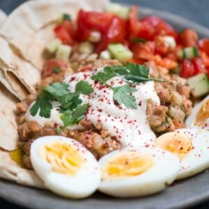 Full Medams(stems fava beans) with Boiled egg , yoghurt garlic sauce